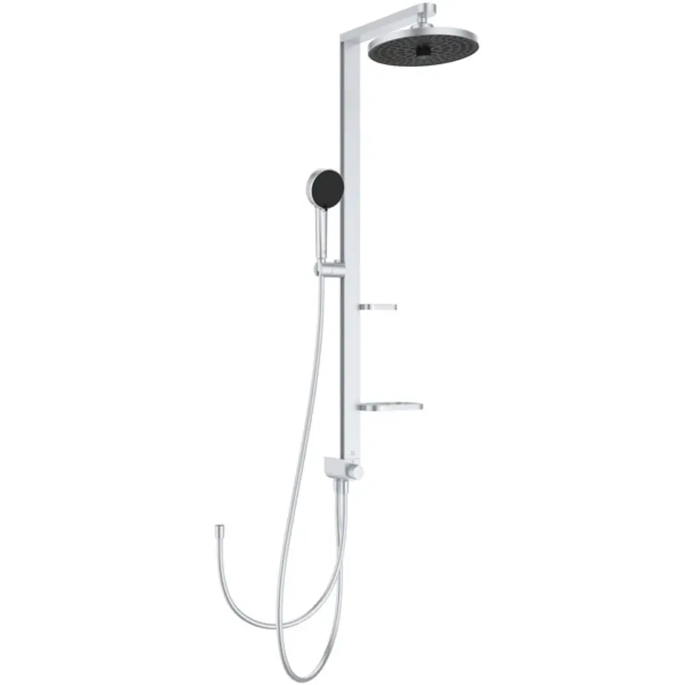 Duschsystem von Ideal Standard mit oberer Kopfbrause und Handbrause, ausgestattet mit zwei Ablagen zur praktischen Nutzung. chrome-finish, wandmontiert.